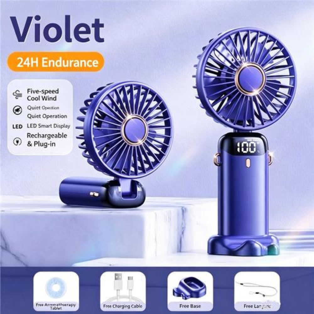 Portable Rechargeable Fan with LED Display, Long Battery Life, Violet Rotatable 5 Adjustable Speeds